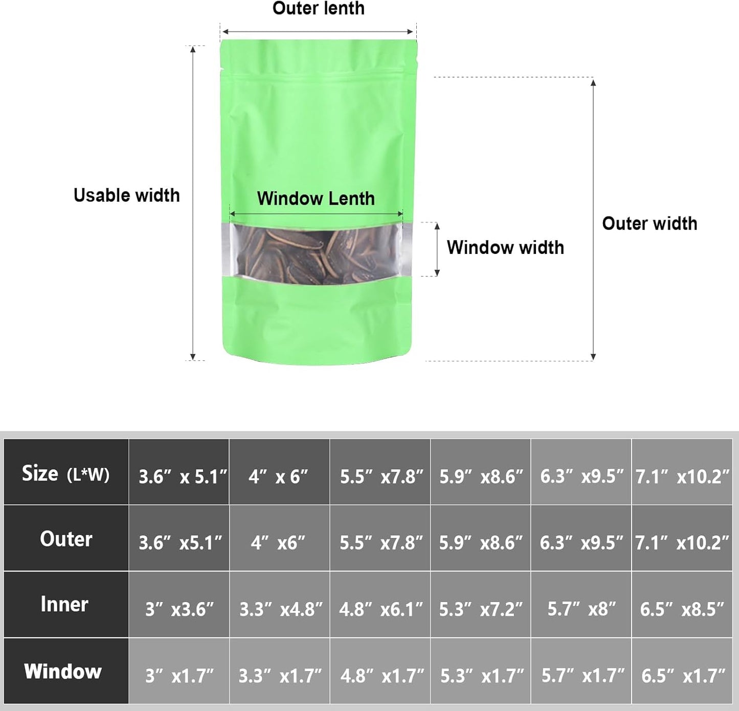 5.9"x8.6" 120pcs Mylar Bags for Food Storage,Smell Proof Bag with Matte Window Resealable Food Storage Bags for Small Business, Stand-up Foil Pouch Packaging Freeze Dried Candy Bag(Light Green)