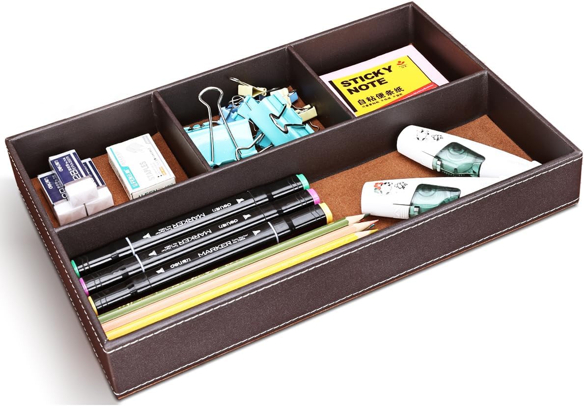 KINGFOM Pu Leather Desk Organizer Tray, 4 Compartment Office Storage Supplies Stationery Drawer Tray, Nightstand Bedside Tray for Key, Wallet, Watch, Coin, Phone Valet Tray Stackable