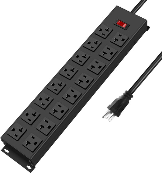 JUNNUJ Heavy Duty 20 Amp Power Strip with Surge Protection 3000J, Garage 16 Outlets Metal 12 Gauge, Desk Strips Wide Spaced, High Amp 5-15P Adapter Shop 6-20R T-Slot Industrial Outlets (16AC, 10FT)