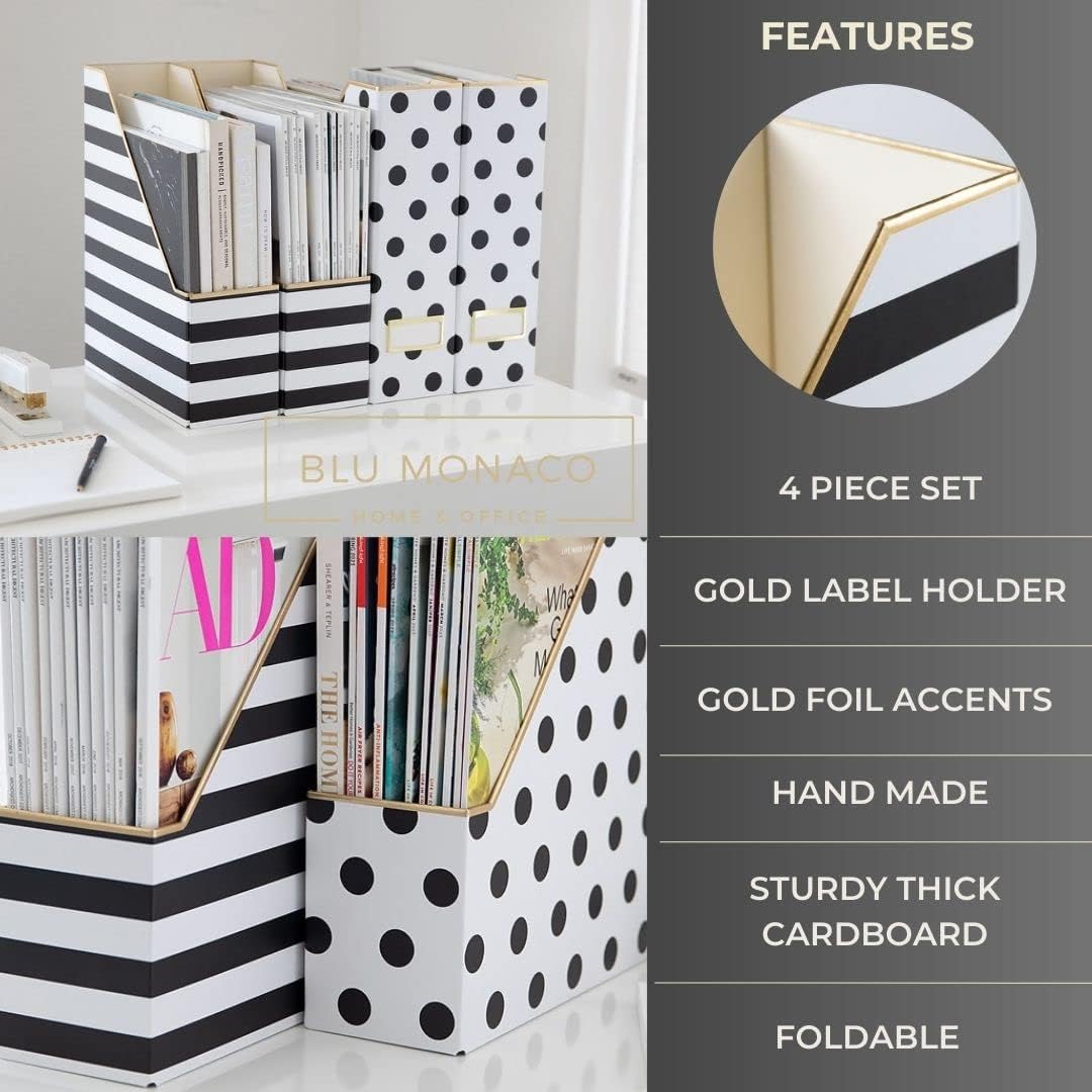 BLU MONACO Set of 4 Stylish Magazine File Boxes - 2 Black and White Stripes and 2 Polka Dots - Office Organization and Storage, Paper Organizer for Desk - Workspace and Classroom Organization