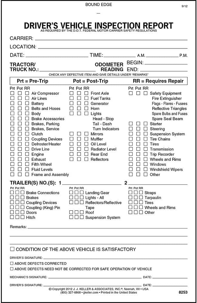 J. J. Keller Detailed Driver's Vehicle Inspection Report (Pre- & Post-Trip) Meets FMCSR Requirements, Book Format with 31 Sets, 2-Ply Carbonless, 5.5" x 8.5", 5 Pack