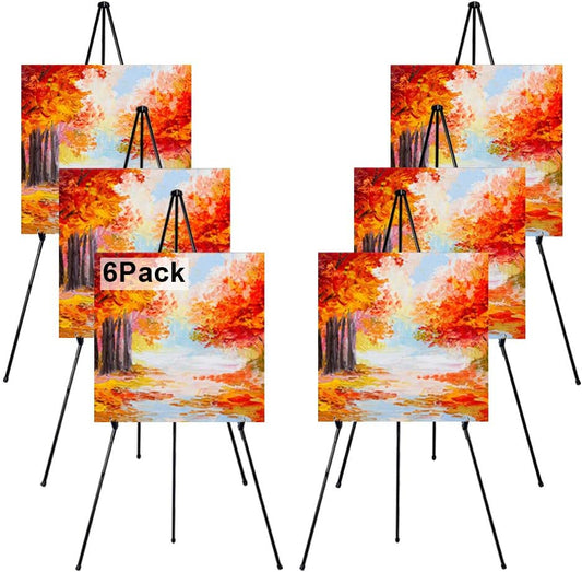 63" Folding Easel Stand for Display,Adjustable Floor Poster Easel for Arts,Pictures,Paintings,Telescoping Black Metal Easel Fit for Signs at Exhibition,Lobby,Holds 5lbs,6Pack