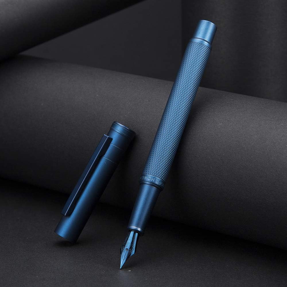 Asvine Dark Blue Fude Pen, Bent Nib Calligraphy Fountain Pen (Fine to Broad) with Converter and Metal Pen Case Set