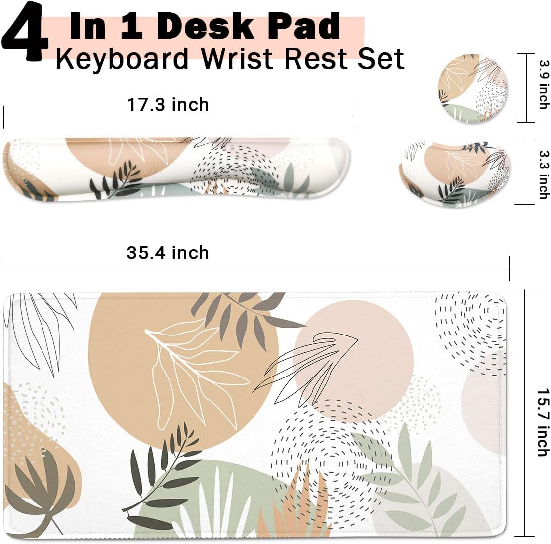 4-in-1 Large Mouse Pad, Keyboard Wrist Rest Pad & Wrist Support Mousepad Set, Extended Desk Pad Waterproof Desk Mat for Home Office Study Game - Leave