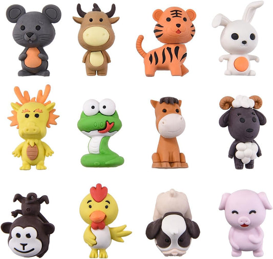 12 Pack Animal Erasers for Kids, 3D Puzzle Eraser for Boys Girls, Chinese Zodiac Erasers for School Supplies Prize Gifts Party Favors