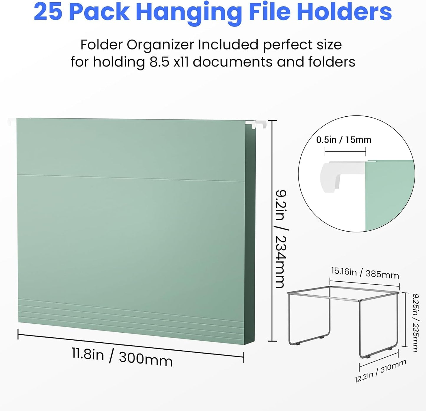 Hanging File Folders Letter Size, 25 Pack File Organizer Folders, 1/5-Cut Tabs with Hanging File Folder Frame, Heavy Duty No Extension, Stay Organized for Your Home and Office Bulk File