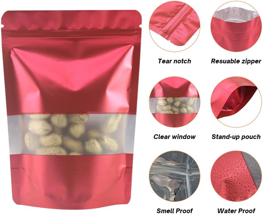 4CP 100 Pcs Red Zipper Smell Proof Bags with Window, 5.5x7.9 Inch Stand Up Foil Pouches for Food Selfsealing Storage, Reusable Bag for Packaging Small Business, Cookies, Nunt, Candy