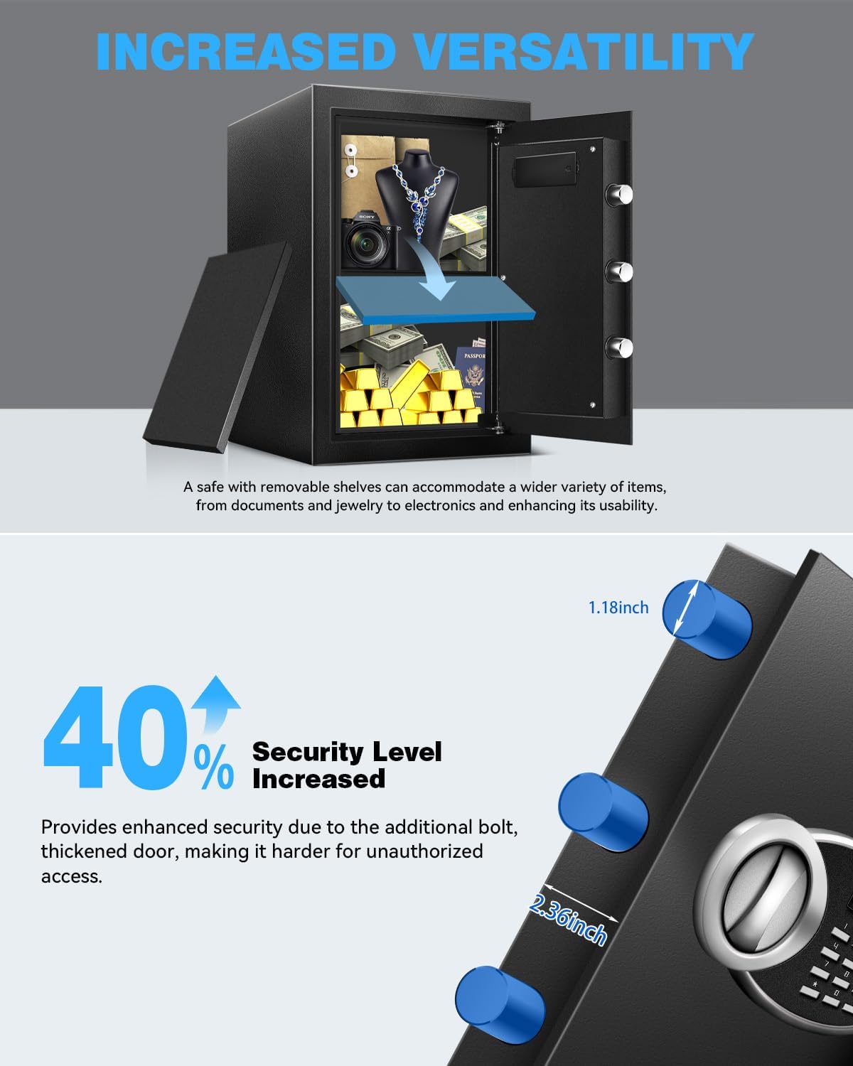 2.5 Cu Ft Large Safe Box with Fireproof Waterproof for Documents - Steel Security Personal Fire Safe with Digital Keypad, Emergency Battery Box & Combination Lock, Safety Box for Valuables Money Cash