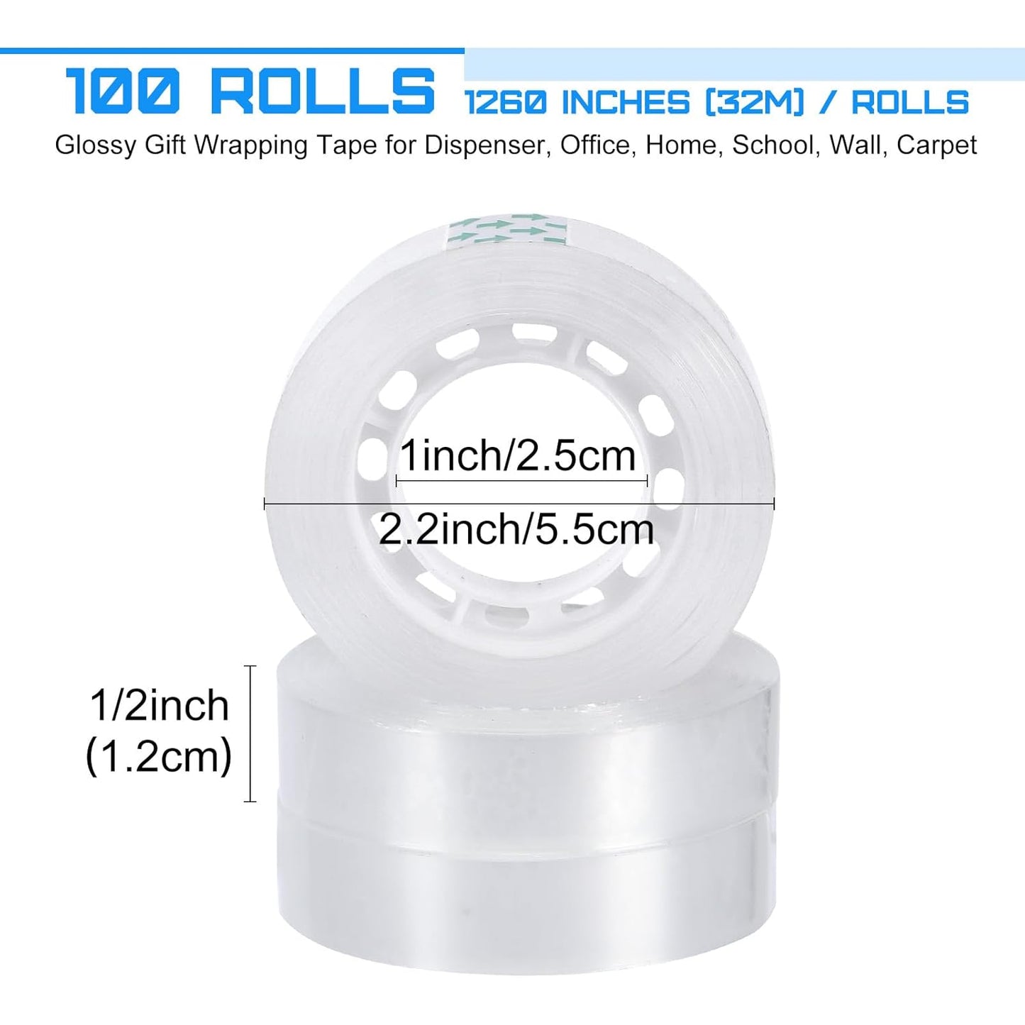 Jetec 100 Rolls Clear Tape Bulk Transparent Invisible Tape Refills 1/2 x 1260 Inches Glossy for Gift Wrapping Dispenser Office School Home Use Gift Wrap Desk Supplies