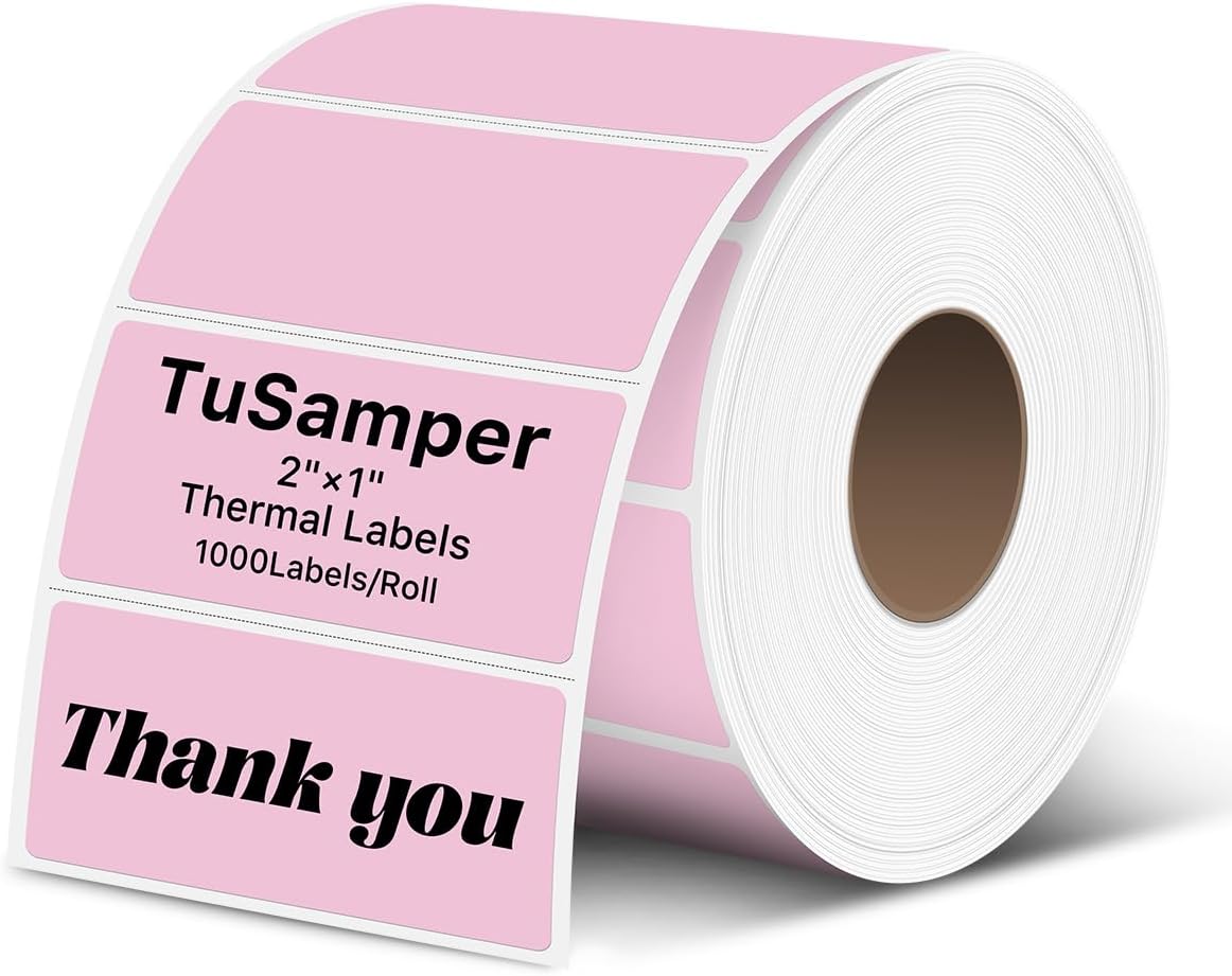 2×1 Inch Thermal Labels Sticker Self-Adhesive Label Paper Pink Direct Thermal Printer Stickers with Perforation Line 1000 Sheets/Roll