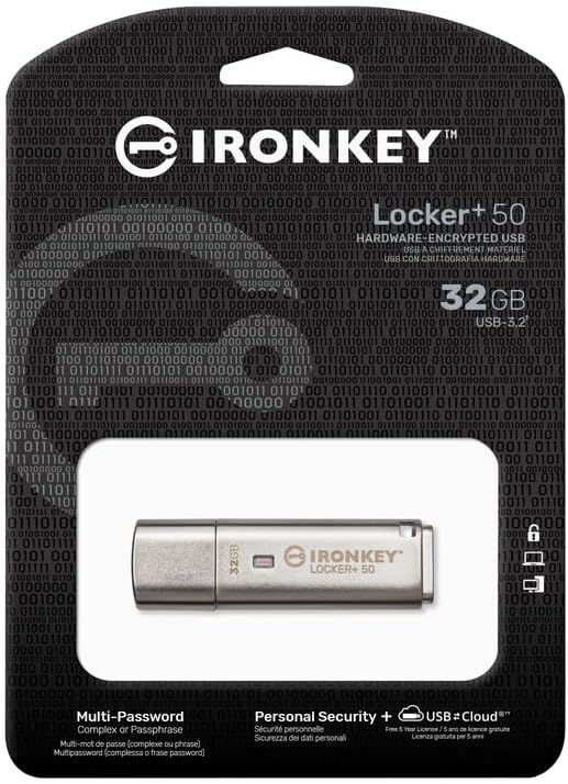 Kingston Ironkey Locker+ 50 32GB Encrypted USB Flash Drive | USB 3.2 Gen 1 | XTS-AES Protection | Multi-Password Security Options | Automatic Cloud Backup | Metal Casing | IKLP50/32GB,Silver