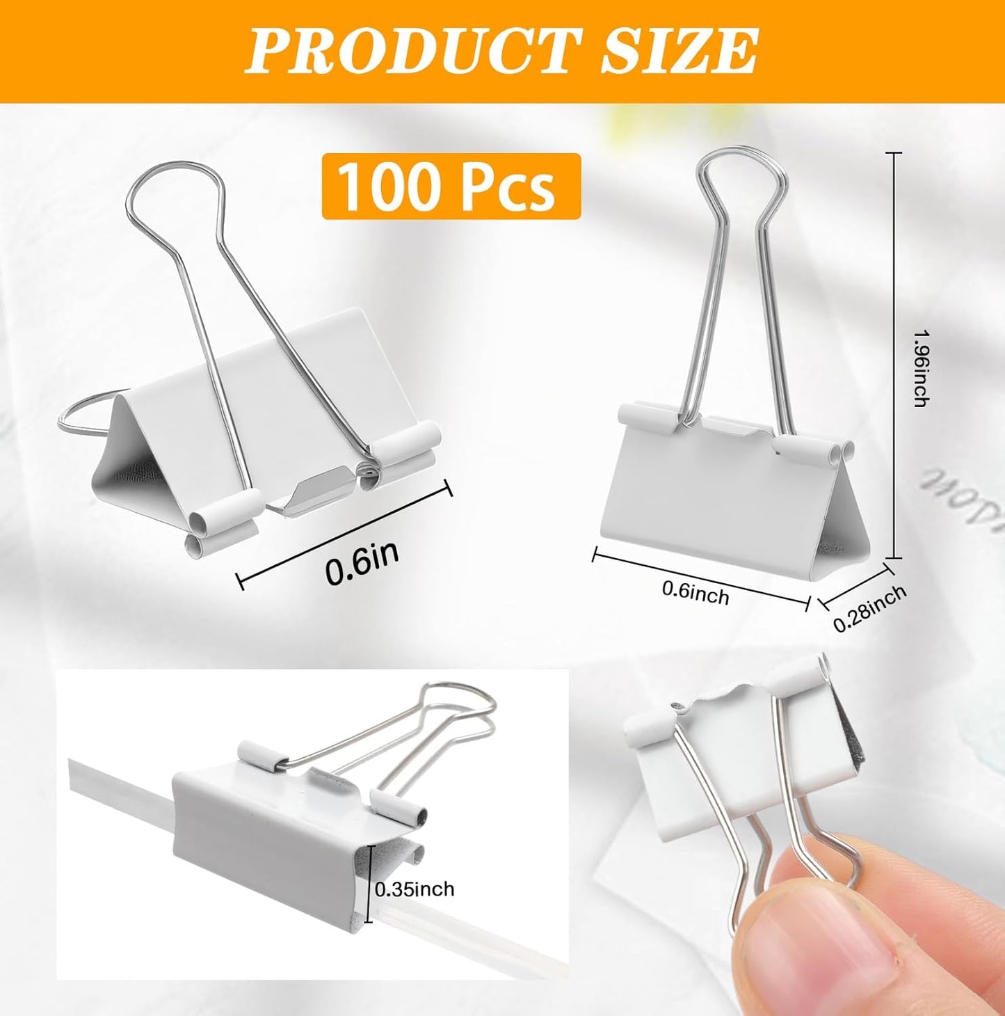 Jetec 100 Pack 0.6in/15mm White Metal Binder Clips Bulk Medium Reusable Fold Back Binder Clips Paper Clamps Spring Steel Sturdy for Home School Office Supplies