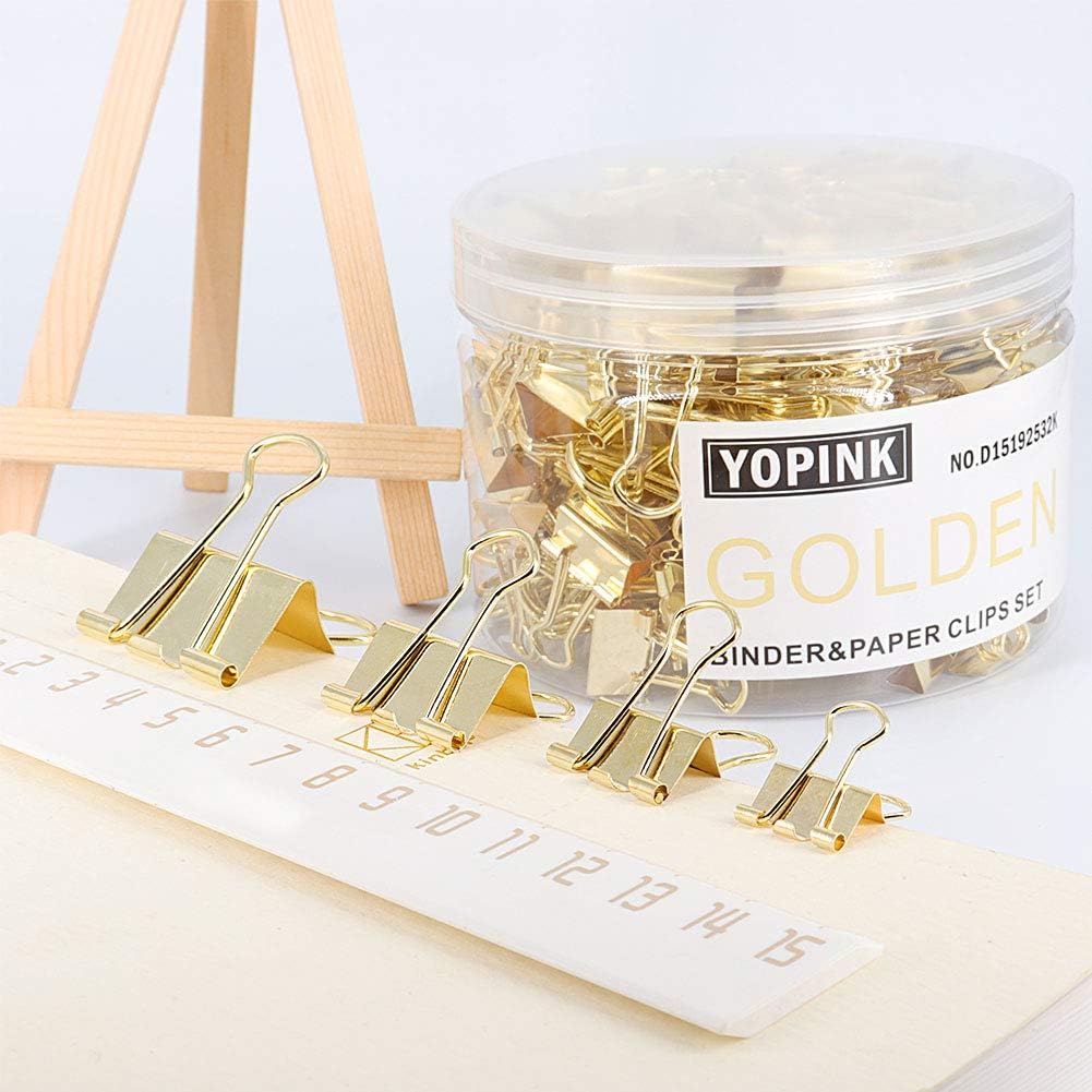 Binder Clip Paper Clamps, Assorted Sizes (Mini, Small, Medium, Large), 100 Pcs Clips for Office School Supplies (Gold)