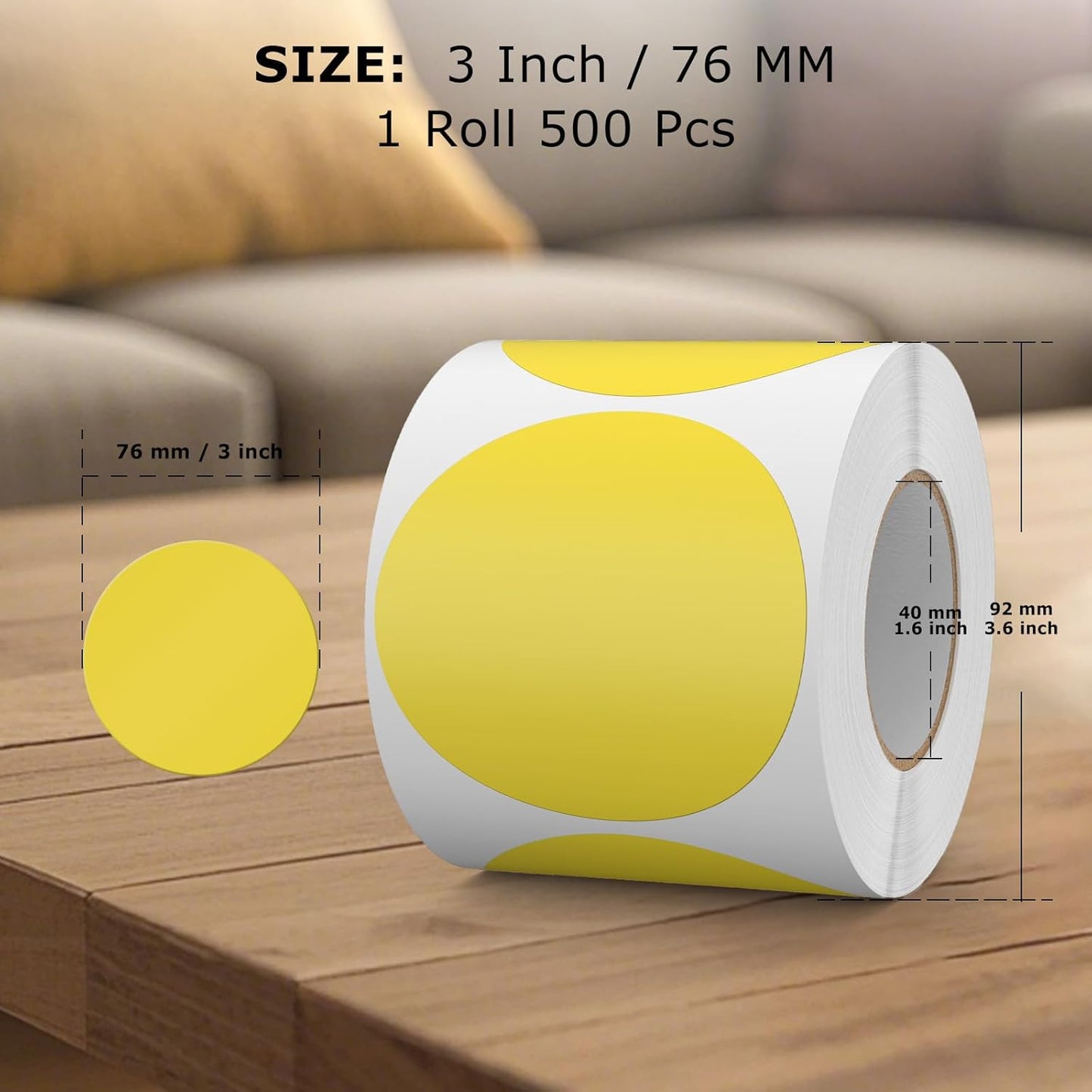 500 PCS Yellow Dots Stickers 3 Inch Vinyl Color Coding Round Sticker Removable Writable Circle Floor Labels Roll for Inventory Office Classroom