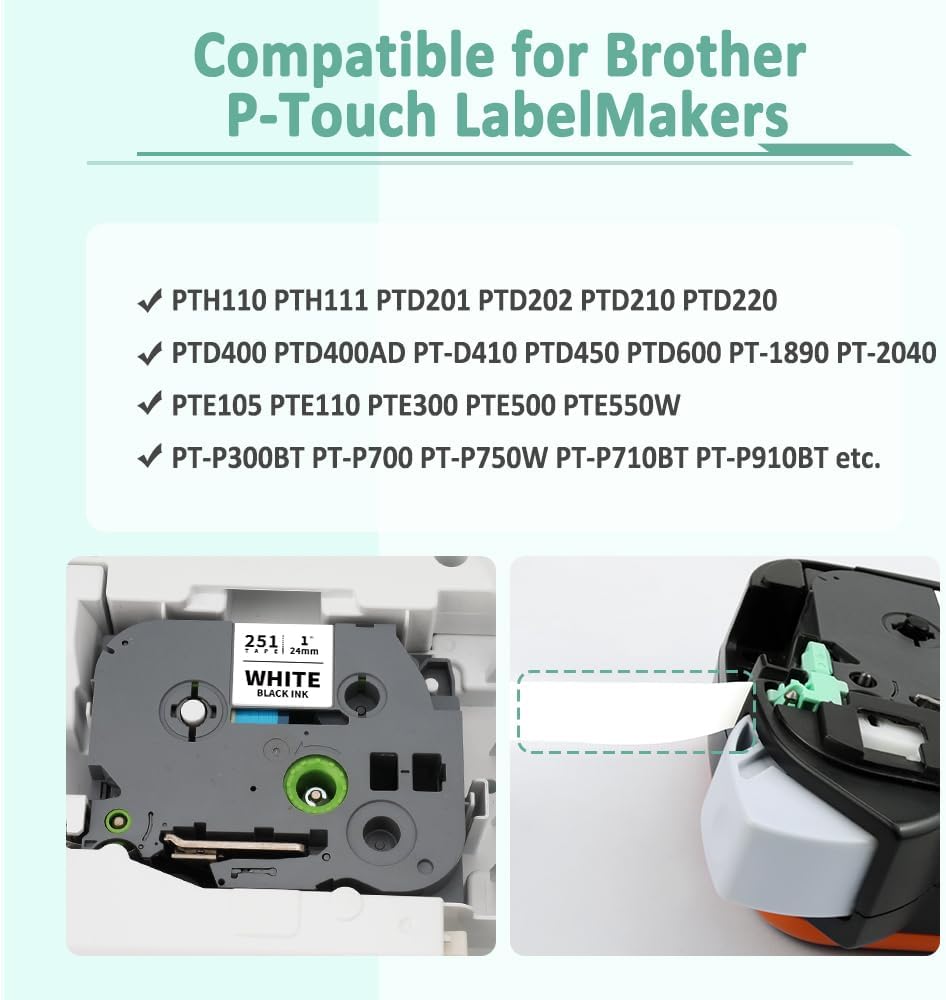 6-Pack 24mm 0.94" Laminated Tape Compatible for Brother 24mm Label Tape Tze-151 251 451 551 651 751 P Touch Tze Tz 1 Inch Multi-Color Label for PTD610BT PTD600 PTP710BT PTP750W PTP910BT