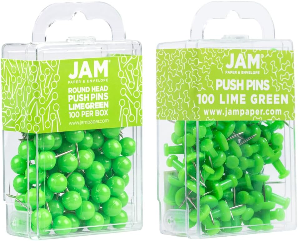 JAM PAPER Colorful Push Pins - Flat & Round Head Thumb Tack Combo Set - Lime Green Pushpins - 200/Pack