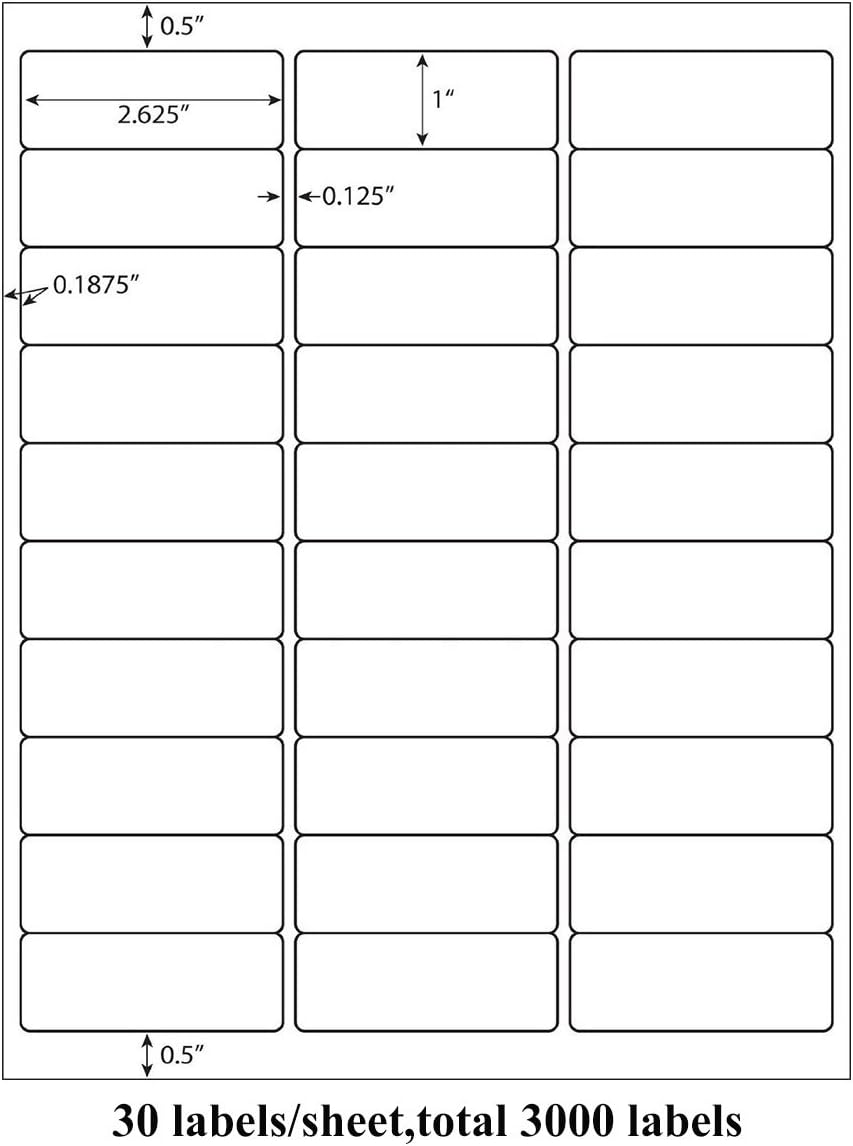 9527 Product 30 up 1 x 2-5/8 Sticker Labels Shipping Address Labels SKU Labels for Laser/Ink Jet Printer,100 Sheets,Total 3000 Labels