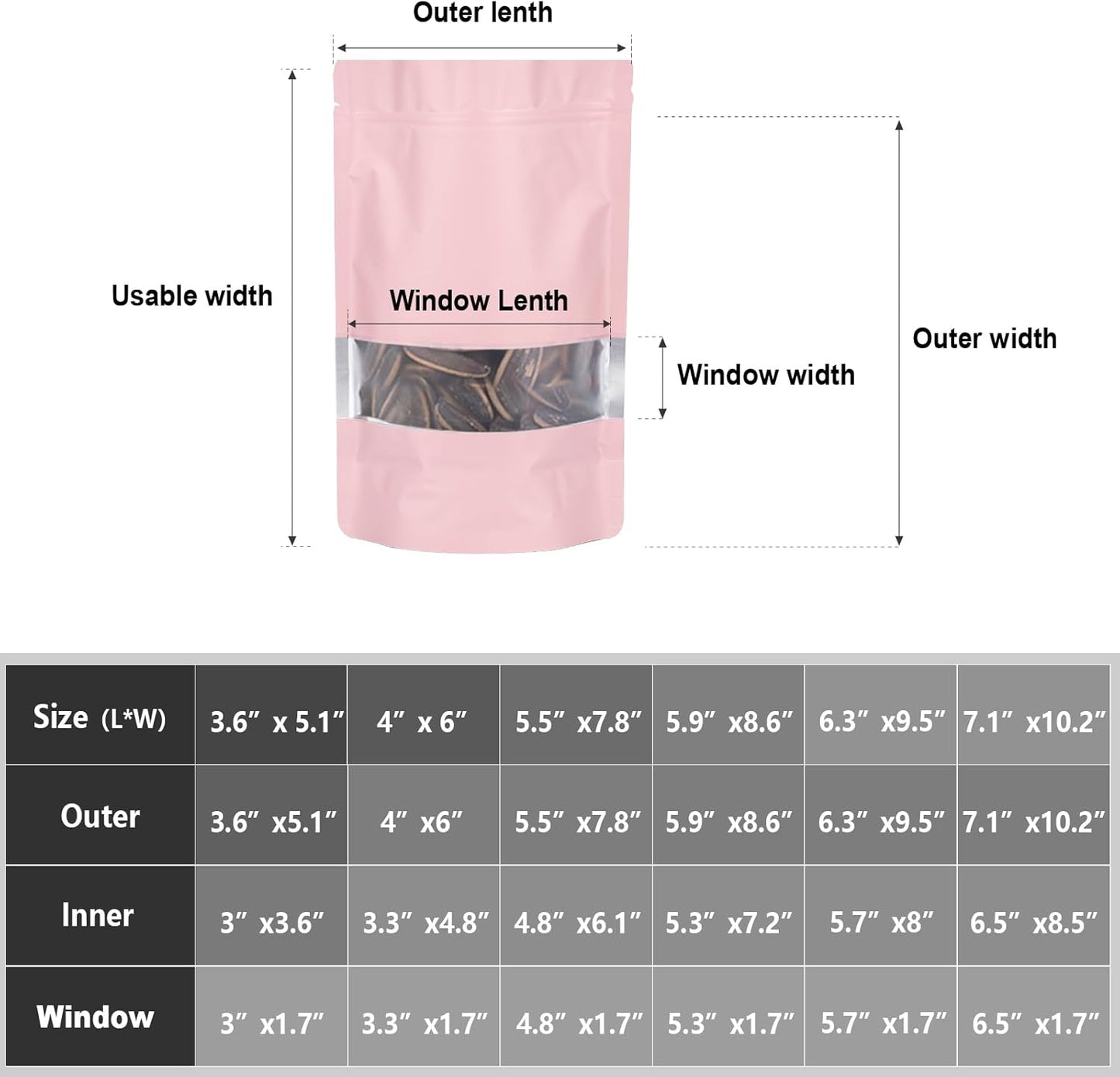 5.5"x7.8" 120pcs Mylar Bags for Food Storage,Smell Proof Bag with Matte Window Resealable Food Storage Bags for Small Business, Stand-up Foil Pouch Packaging Freeze Dried Candy Bag(Pink)