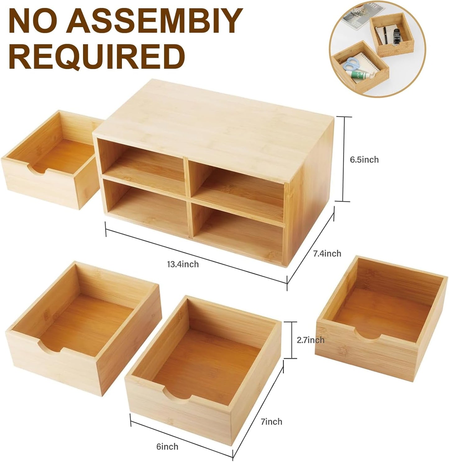 Bamboo Desk Organizer with 4 Drawers – Countertop Storage Box for Makeup, Office Supplies, and Home Essentials – Stylish Tabletop Organizer for Workspace or Bathroom