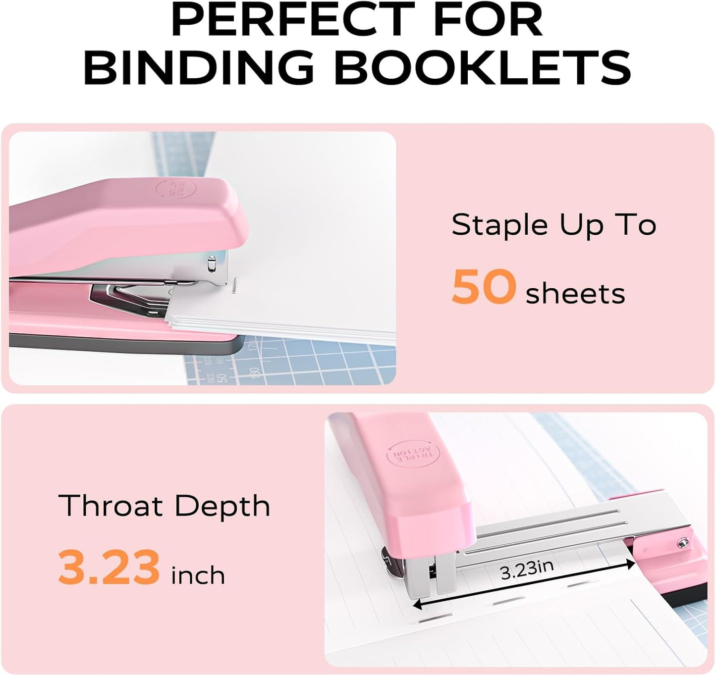 Desktop Stapler, Swing-Arm Swivel Stapler, 50 Sheet Capacity, 2000 Staples and Staple Remover, Rotatable Heavy Duty Staplers for Office, Home, Classroom, Booklet, Book Binding,Pink