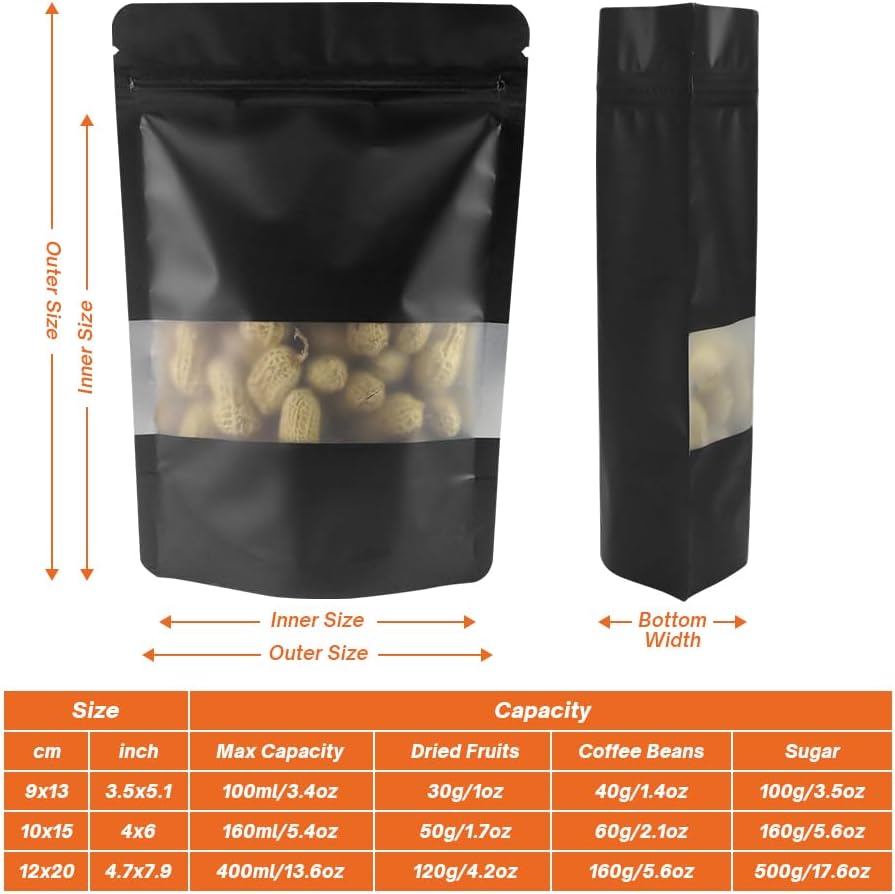 4CP 100 Pcs 4x6 Inch Zipper Smell Proof Bags with Window, Black Stand Up Foil Pouches for Food Selfsealing Storage, Reusable Bag for Packaging Small Business, Cookies, Nunt, Candy