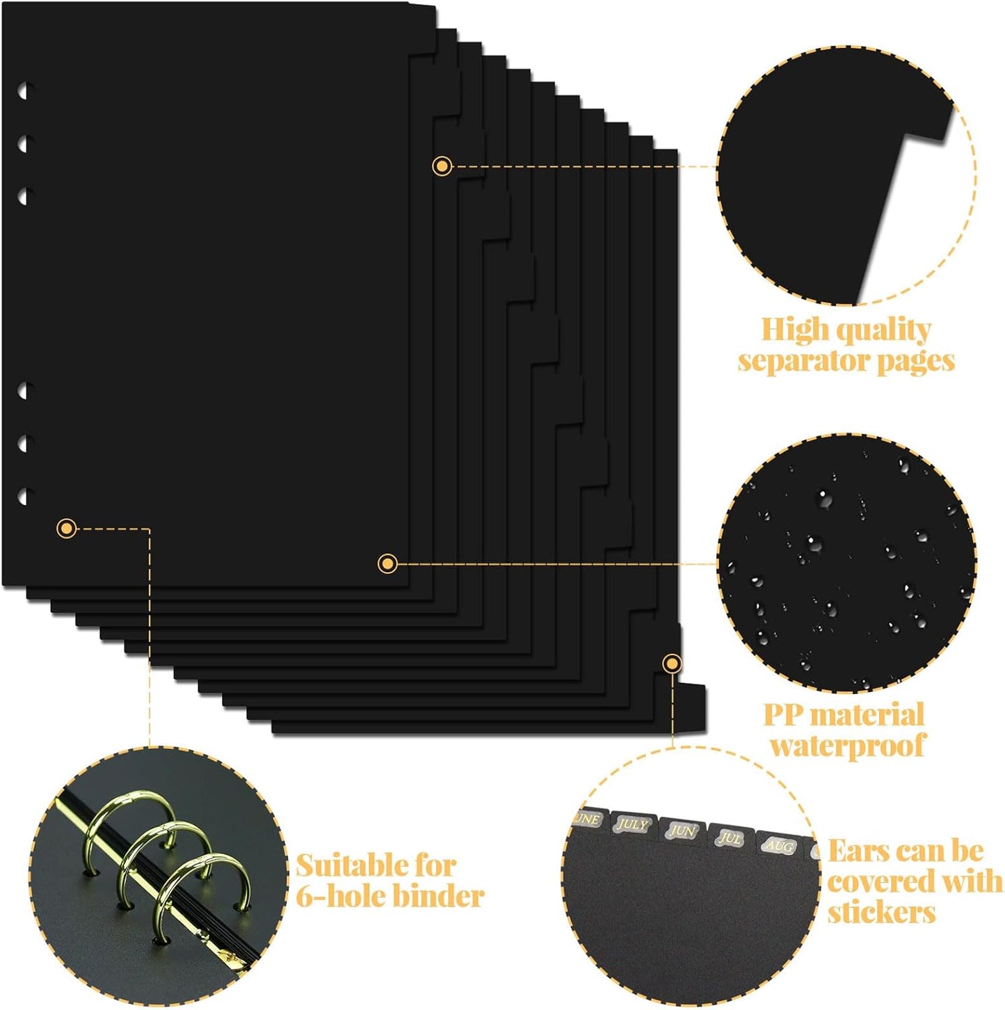 A5 Plastic Binder Dividers 6 Holes Durable Plastic Tab Dividers for 6-Ring Binders, Notebooks, Planners, 5.7x8.3 inch (Black, 12 tab)