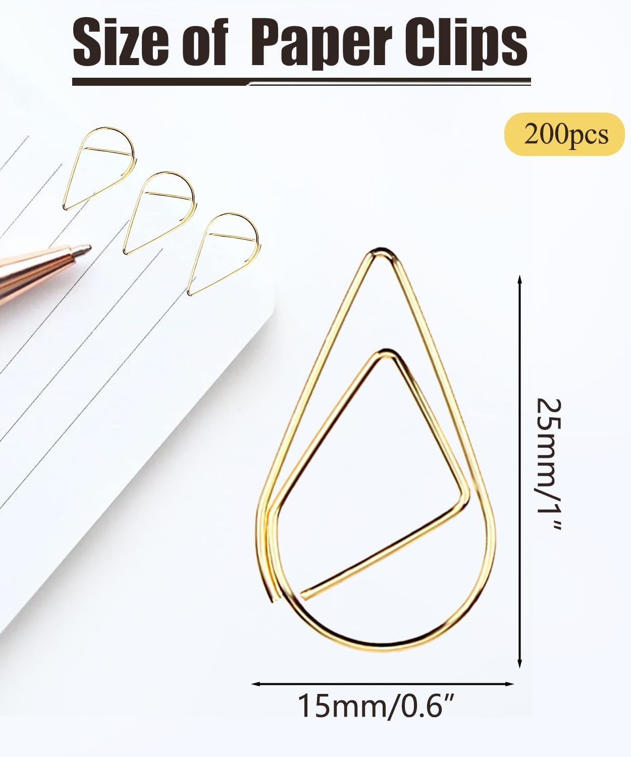 200 Pcs Teardrop Paper Clips Bulk,Stainless Steel Rust-Resistant Paperclips for Wedding Invitations, 3X Stronger Hold with Mirror Polish (Gold, 1inch)