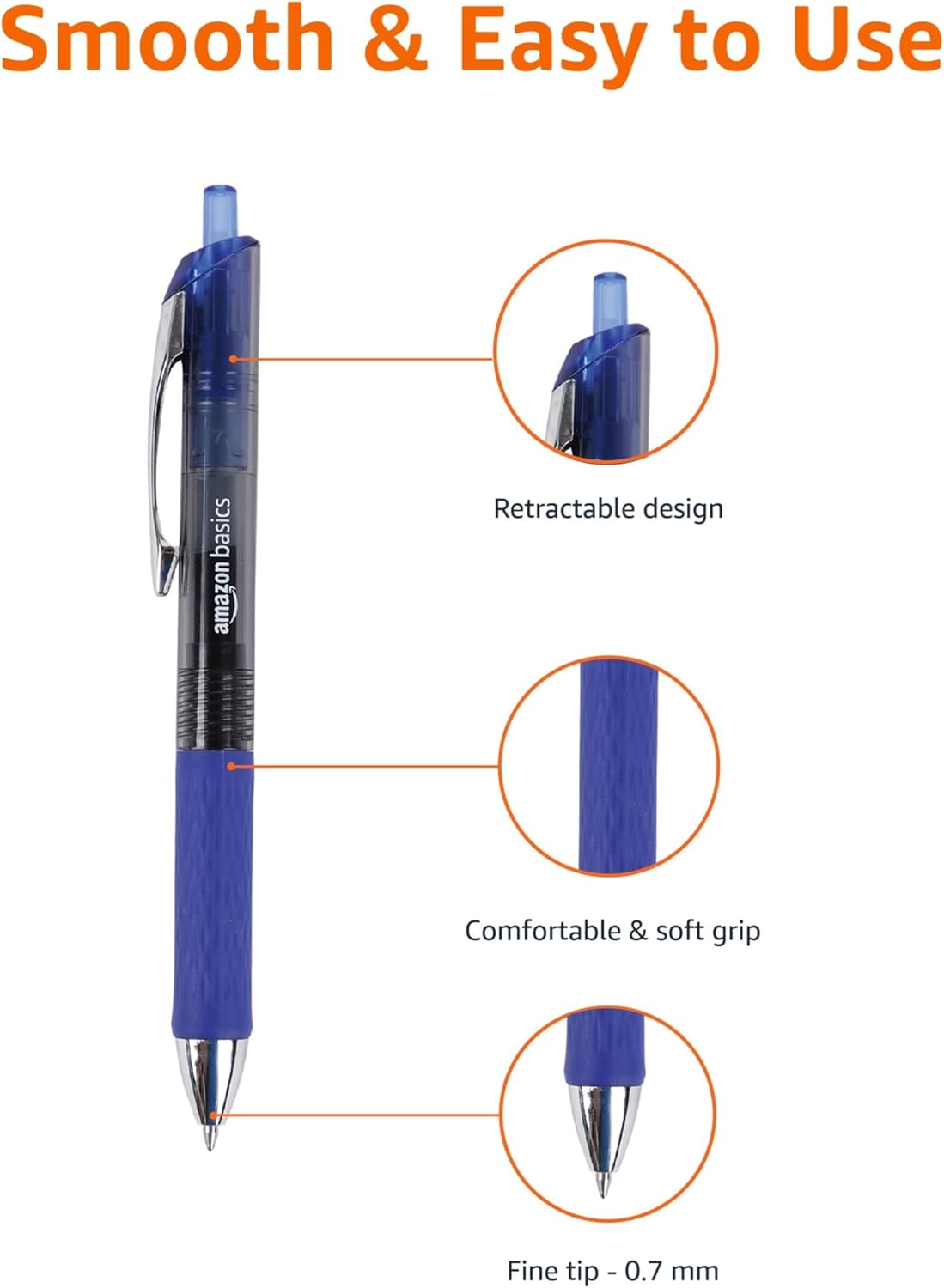 Amazon Basics Gel Pens Fine Point Smooth Writing Pens, Retractable, Blue, 0.7mm, 12 Pack