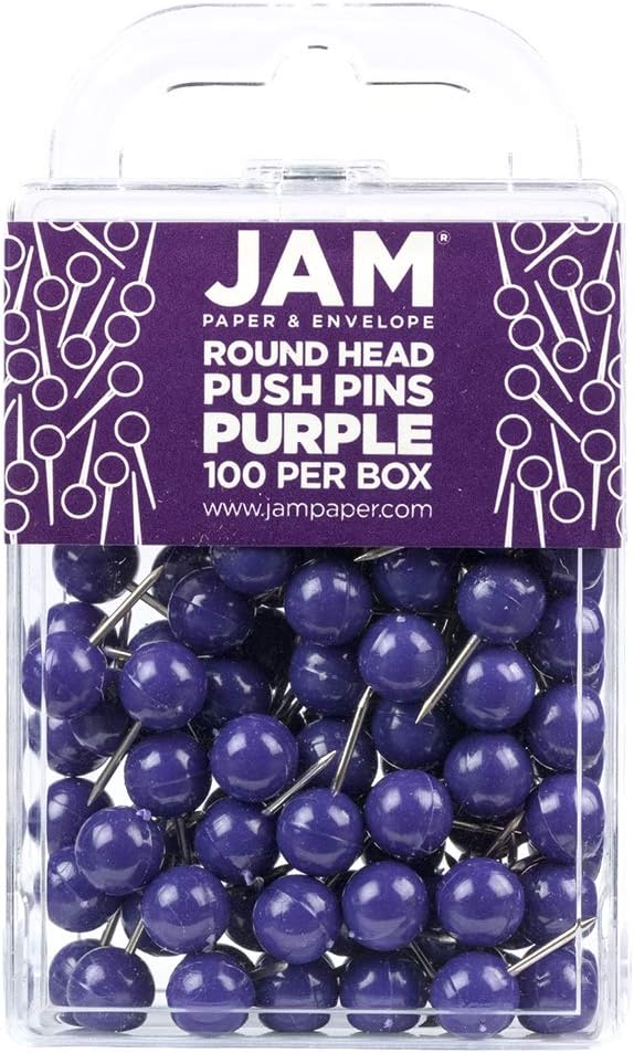 JAM PAPER Colorful Push Pins - Round Head Map Thumb Tacks - Purple Pushpins - 100/Pack