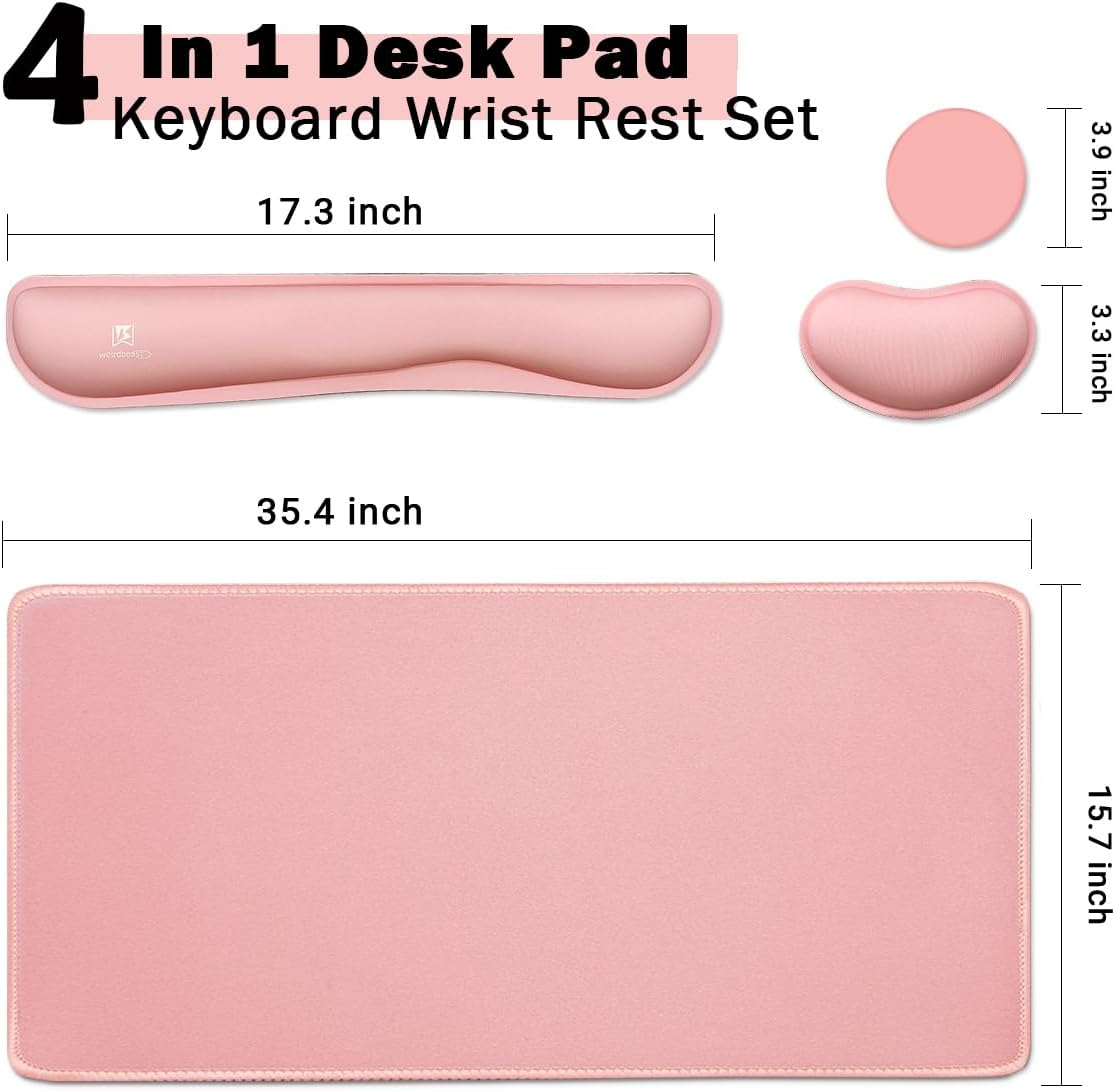 4-in-1 Large Gaming Mouse Pad, Keyboard Wrist Rest Pad & Wrist Support Mousepad Set, Extended Desk Pad Waterproof Desk Mat for Home Office Study Game-Pink