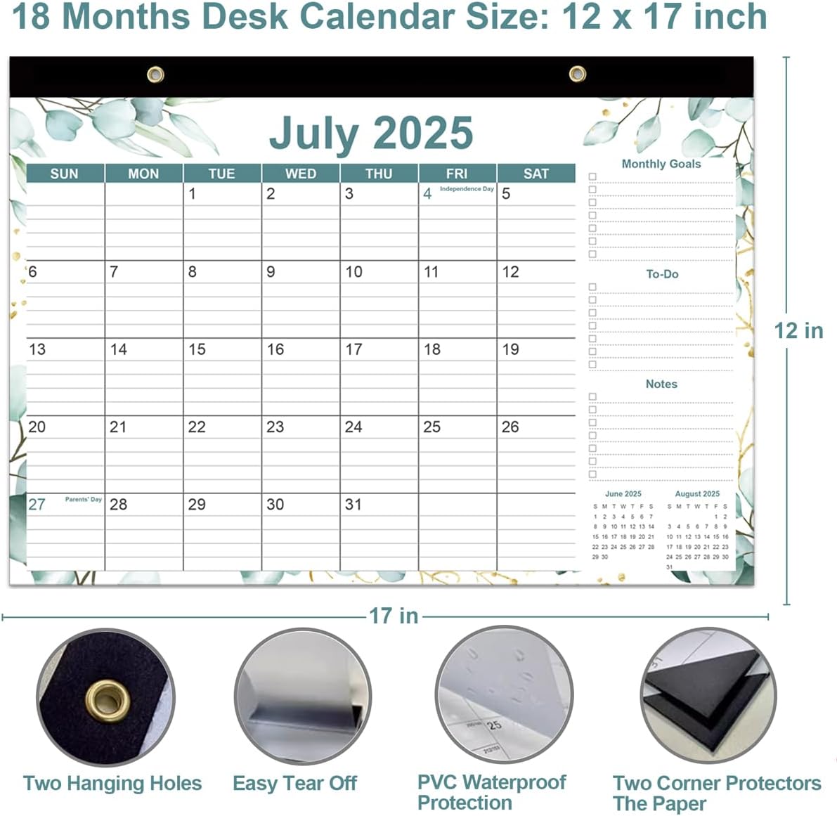 2025-2026 Desk Calendar - 18 Months Calendars from September 2025 - December 2026, Desk Calendar 2025-2026 with Thick Paper, 17" x 12", Green Leaf