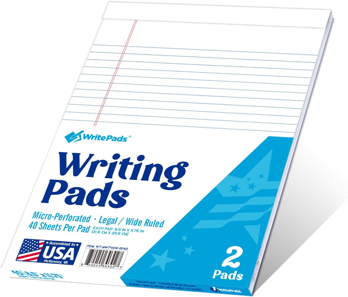 KAISA White Legal Pads Writing Pads Recycled Paper 8.5"x11.75" Wide Ruled Perforated 40 sheets Hard Back Notepads 8-1/2"x 11-3/4" Writing Tablet For Office Supplies Lined Paper (White 2pads)