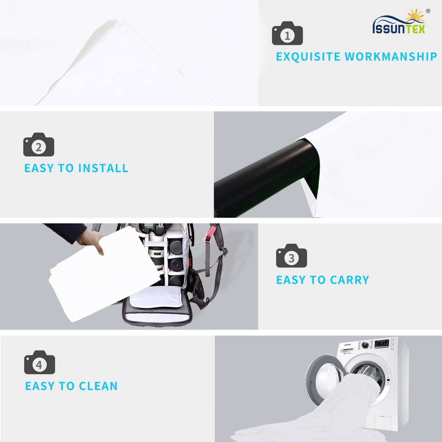 ISSUNTEX 5X7 ft Background Muslin Backdrop, Photo Studio, Collapsible High Density Screen for Video Photography and Television-White