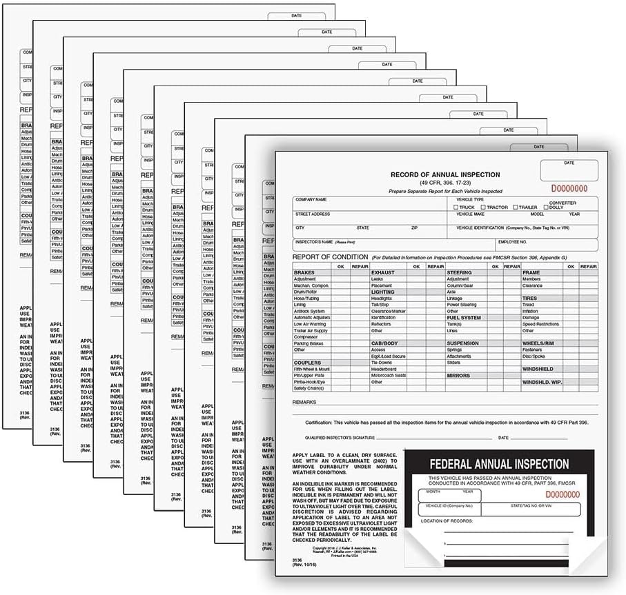 J. J. Keller 10-Pack, Record of Annual Inspection Form with Inspection Decal, 2-Ply Carbonless Form, DOT Compliant