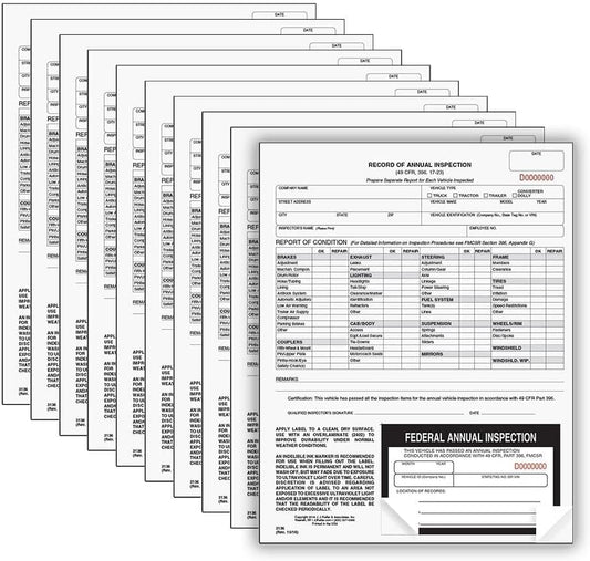 J. J. Keller 10-Pack, Record of Annual Inspection Form with Inspection Decal, 2-Ply Carbonless Form, DOT Compliant
