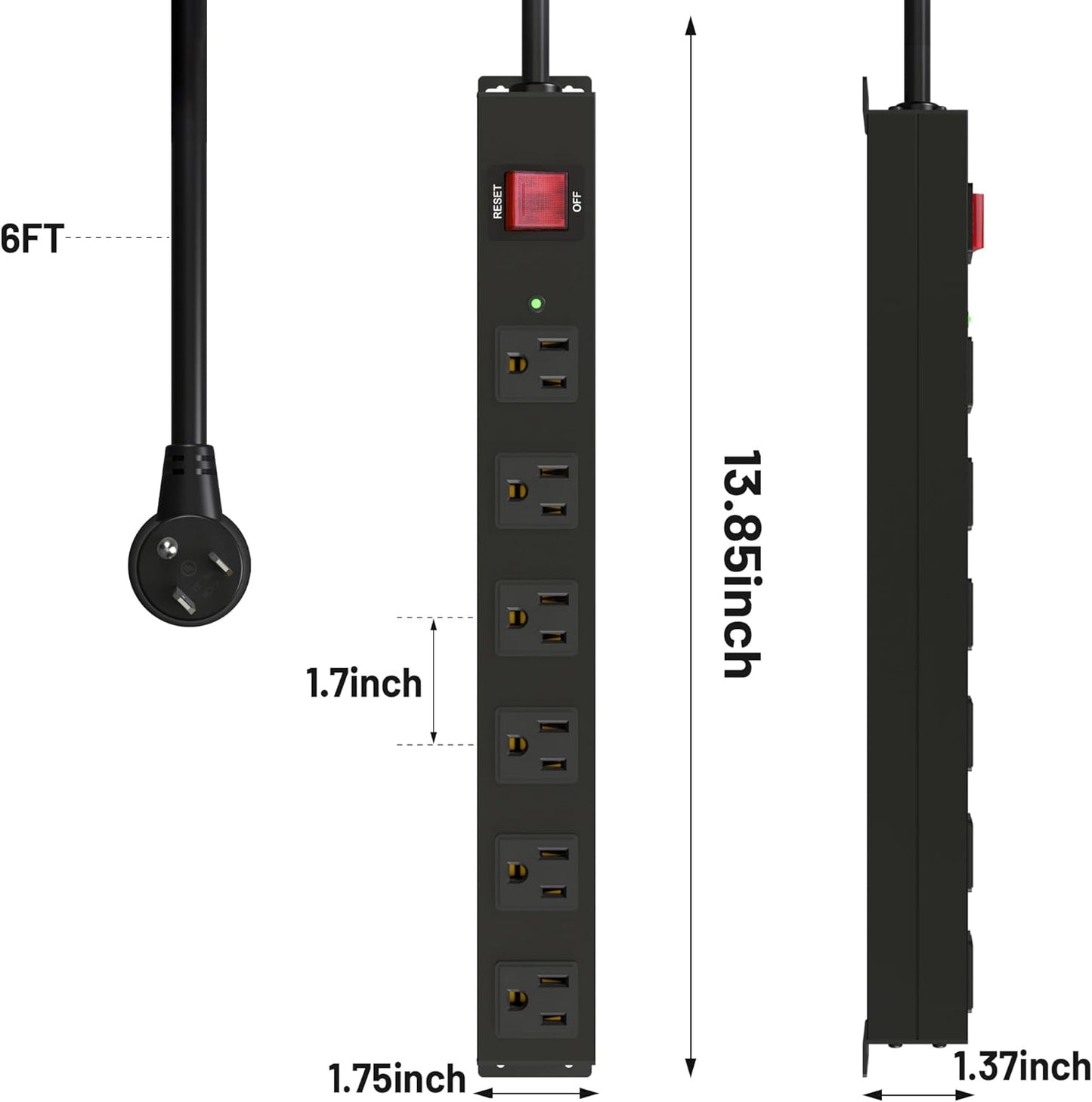 KF Matel 6 Outlet Power Strip Surge Protection 2100J, Heavy Duty Wide Space Power Strip with Flat Plug, 14AWG 6FT Extension Cord for Home, Garage, Shop