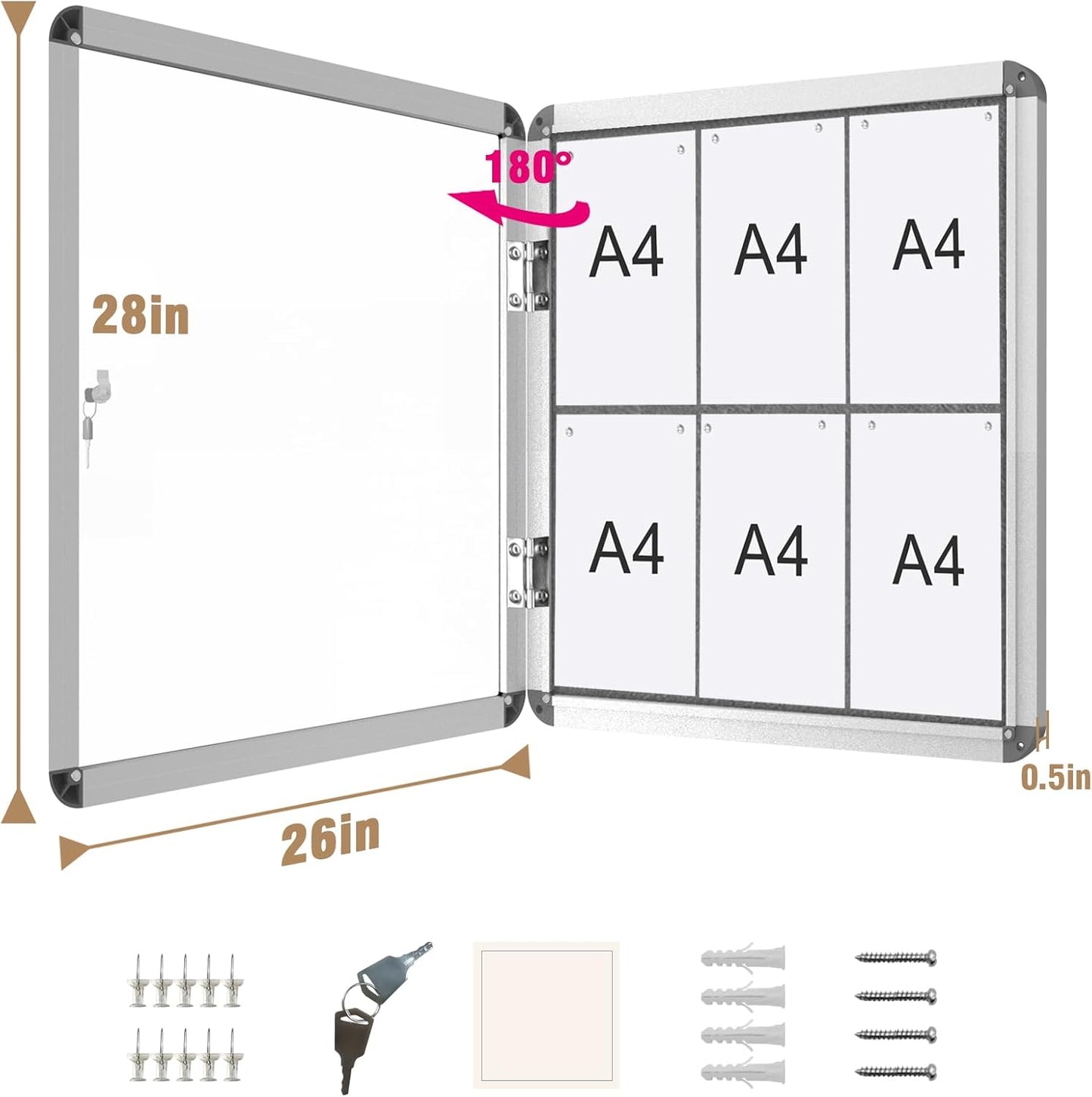 28"x26" Enclosed Bulletin Board, Lockable Weather-Resistant Aluminum Cork Noticeboard for School & Office, Silver Frame w/Grey Flet