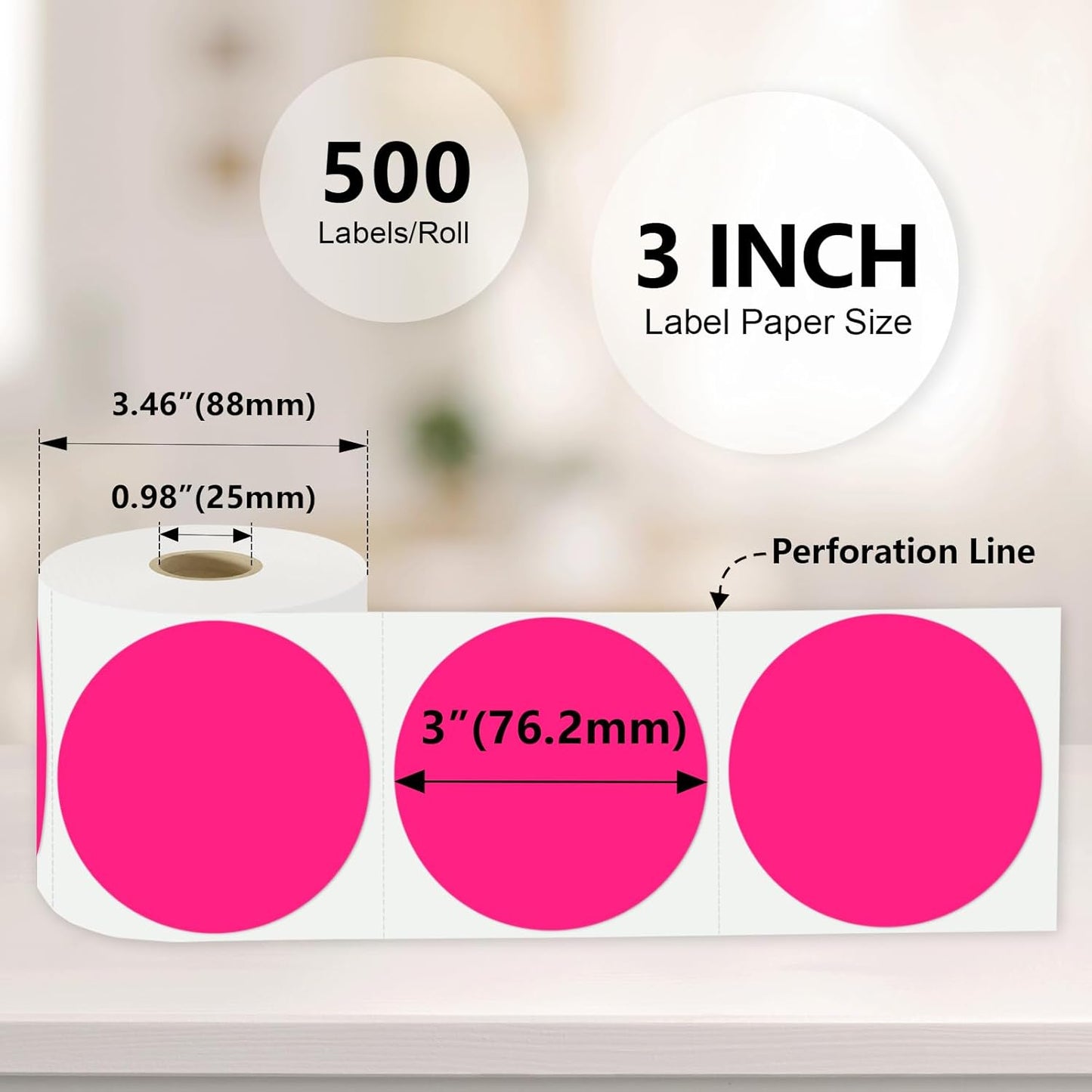 3 X 3 Inch Color Coding Dot Labels Circle Thermal Printable Waterproof 500 Pcs Round Stickers Adhesive Writable for Office, Home, Garage, DIY Sticker, Barcodes, Name Tag, Fluorescent Pink