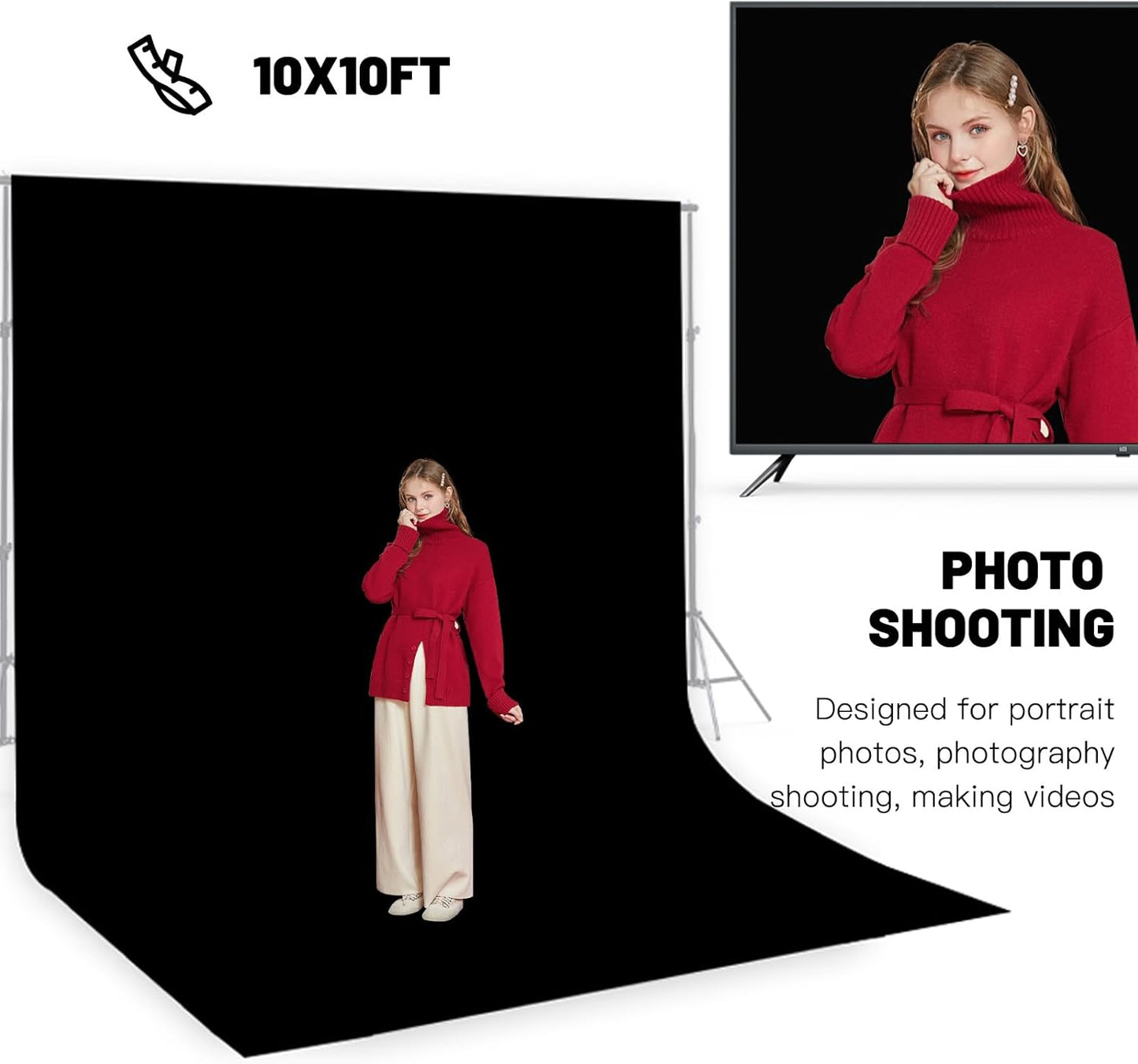 BEIYANG 10 x 10 ft Black Backdrop Background for Photography, Photo Cloth Background Screen, Wrinkle-Resistant Black Curtain for Portrait, Product Video, Photography Studio