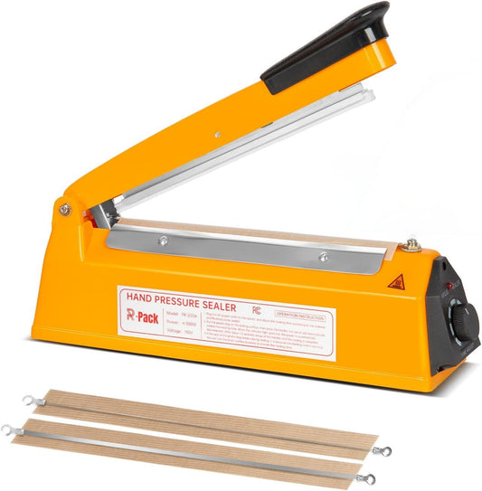 Impulse Heat Sealer with Cutter, Heavy-Duty Bag Sealing & Cutting Machine, 2 Extra Replacements（Orange, 8inch）