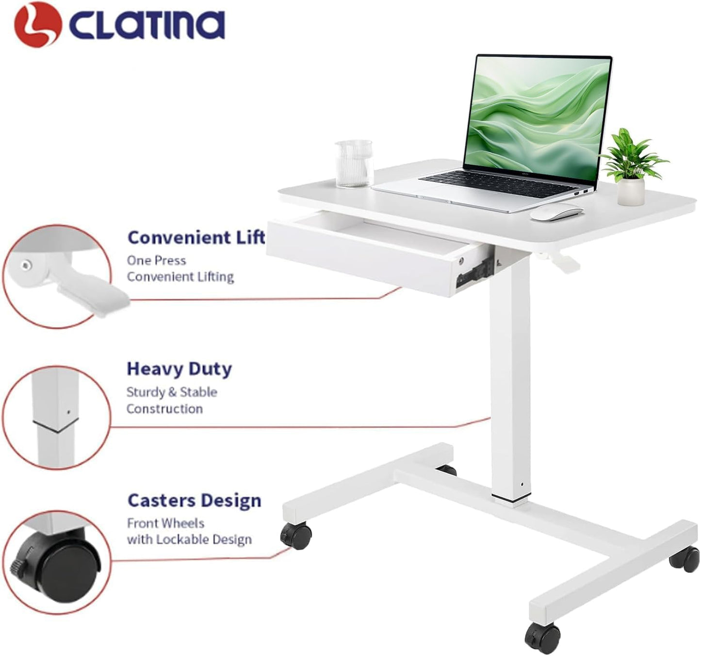 CLATINA Mobile Laptop Standing Desk, Height Adjustable Teacher Podium with Lockable Wheels, Adjustable Work Table with Drawer, Computer Cart Overbed Table for Home Office Classroom, White