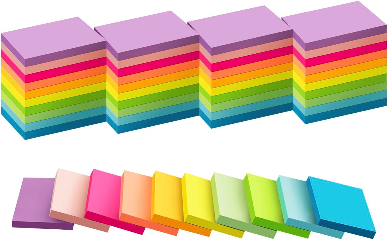 (50 Pads) Sticky Notes 1.5x2, 10 Colors Self Sticky Notes, Sticky Pads, Recyclable, Self-Stick Pads, Easy to Stick for Home, Office, Notebook
