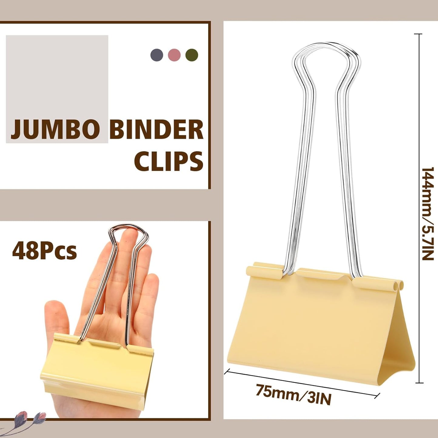 Jetec 48 Pcs 3 Inch Jumbo Binder Clips Extra Large Binder Clips Bulk Colored Big Heavy Duty Metal Giant Large Paper Clamps for Office and Home Supplies Organization Kitchen Food Bags Drawing
