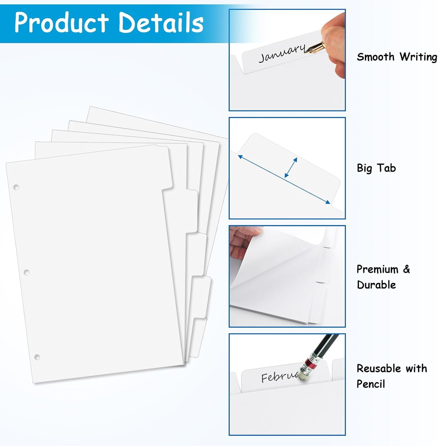 Binder Dividers for 3 Ring Binder, 1/5 Cut Tabs, Letter Size, Blank Write On Page Dividers with 5 Big Tabs for School Office Home, 4 Sets, 20 Dividers, White