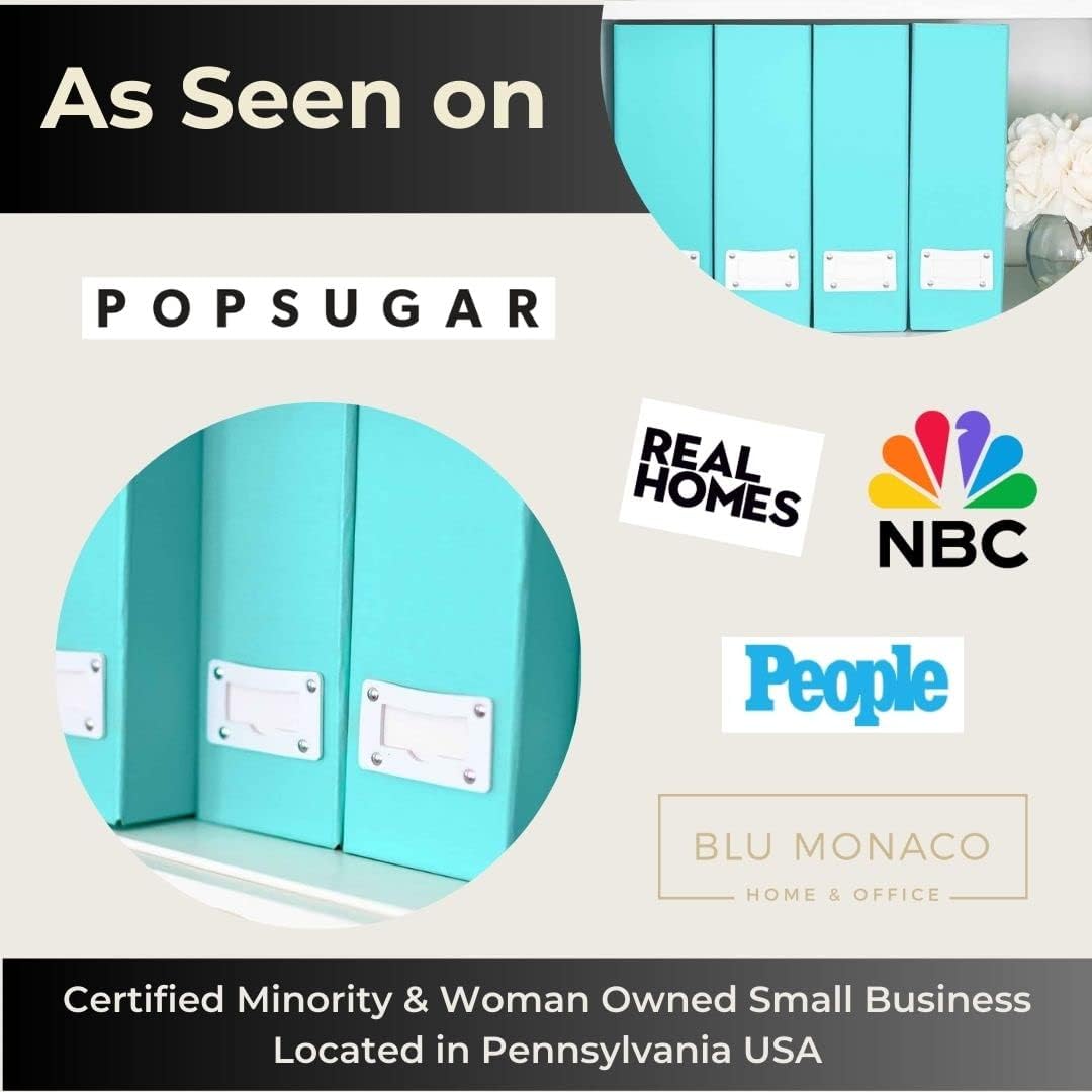 BLU MONACO Set of 6 Foldable Aqua Magazine File Holders with White Leather Label Holders – Cute Book Organizers for Desk, Classroom, Shelves, and Home Office