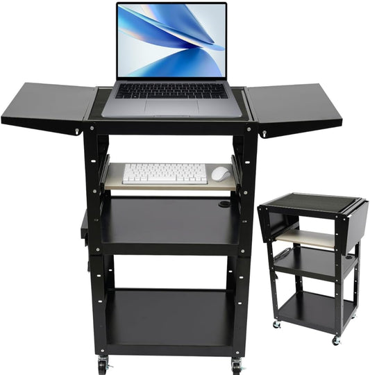Black Steel AV Cart with Wheels & Power Strip Height Adjustable Rolling Computer Cart w/Folding Drop Leaves Media Cart Projector Cart, 300 LBs, 24 * 18 * 41.75in