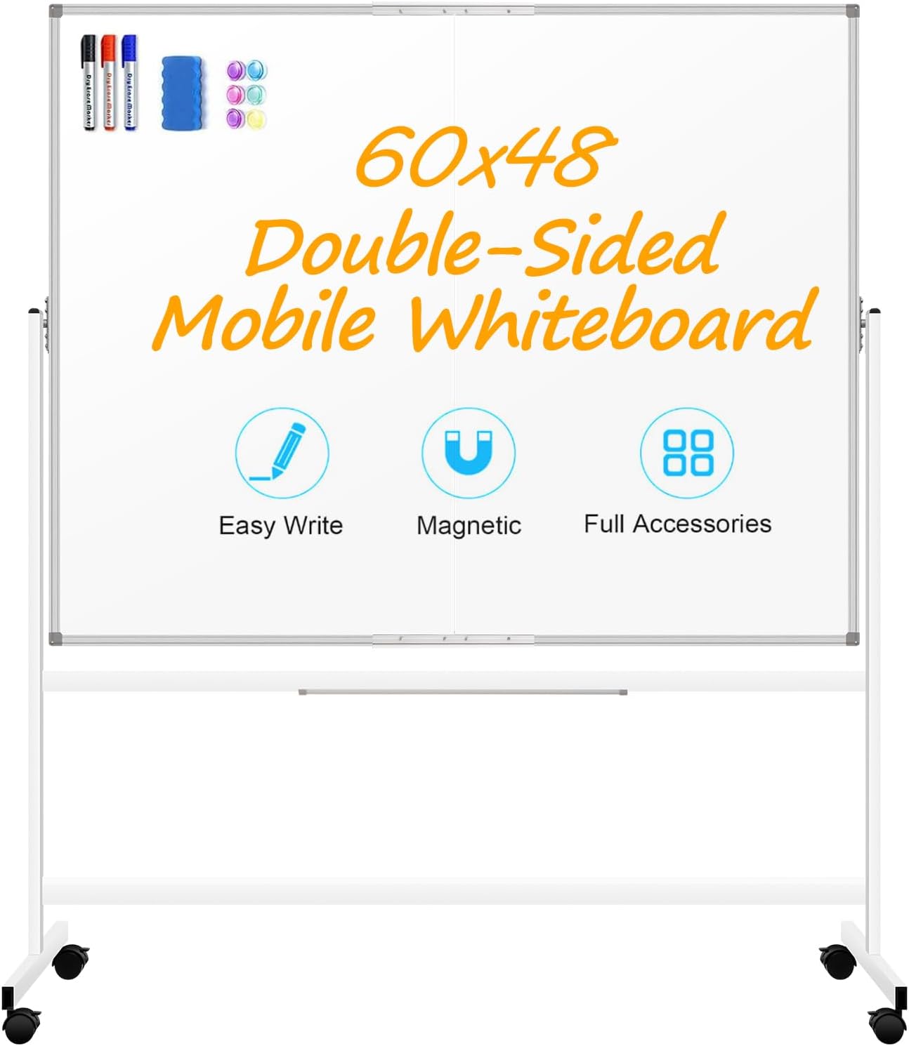 60 x 48 Double Sided Rolling Whiteboard, Large Rolling White Board - Magnetic Rolling Dry Erase Board Easel Standing Board on Wheels with Aluminium Frame for Office, Home & Classroom