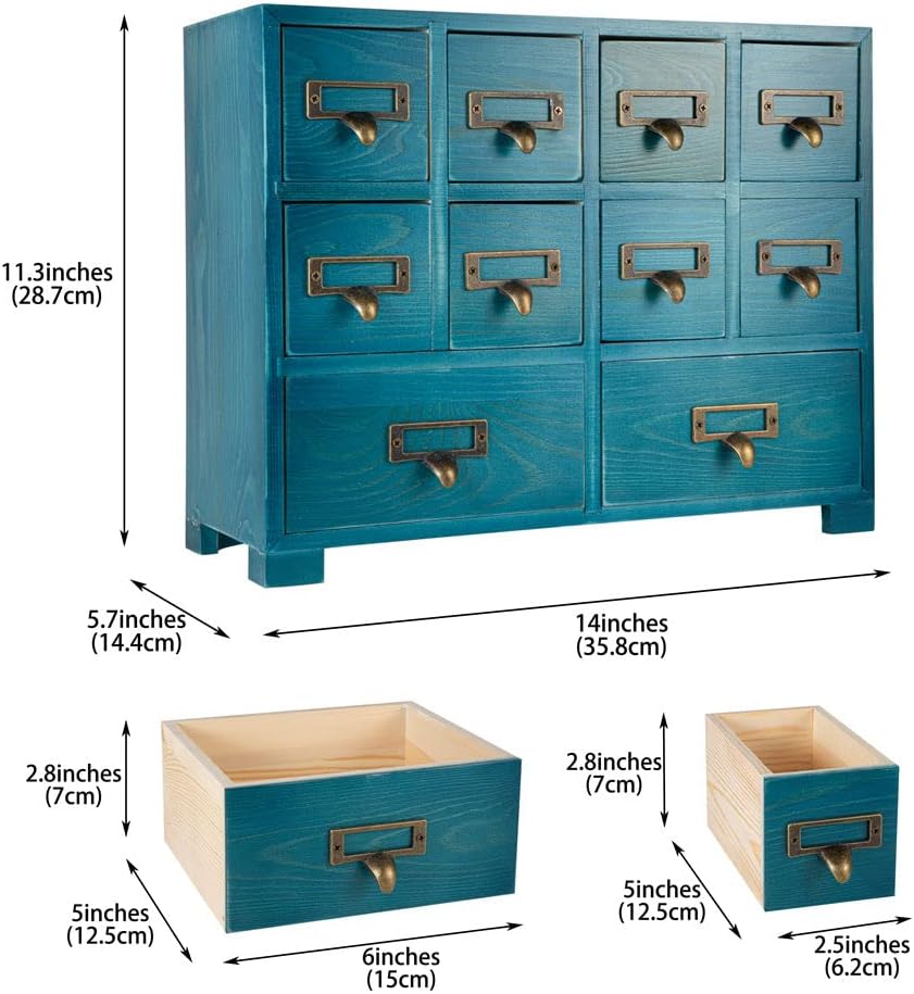 Apothecary Cabinet with 10 Drawers & Labels Rustic Library Card Catalog Cabinet Desktop Wooden Storage Box for Organize Herbal、Tea Bag、Jewelry (Blue)