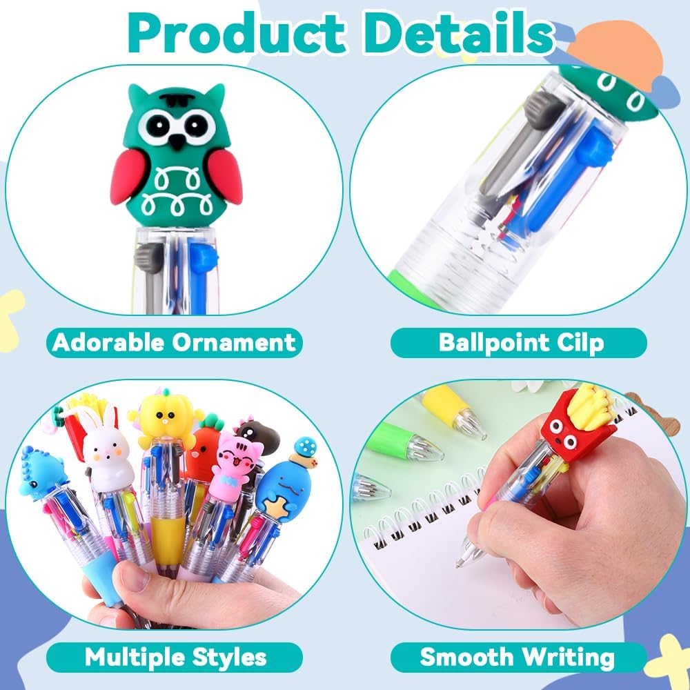28PCS Fun Pens for Kids Multicolor Ballpoint Pen 4 Colors in One, Mini Cute Stationery Cartoon Animal 0.7mm Retractable Writing Pens for Party Favors School Supplies Students Rewards