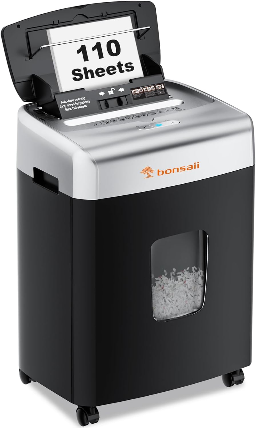Bonsaii Paper Shredder for Office, 110-Sheet Autofeed Heavy Duty Shredder for Home Office Use, 30 Minutes/Micro Cut/P-4 High Security Level/6 Gallon Large Bin